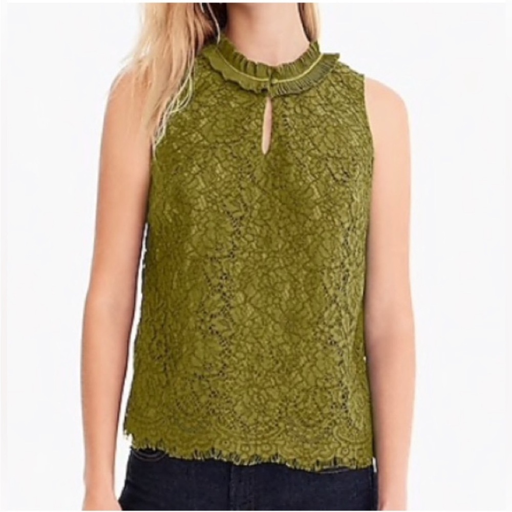 J Crew Burnished Moss Olive Lace Ruffle Neck Sleeveless Top Size Large